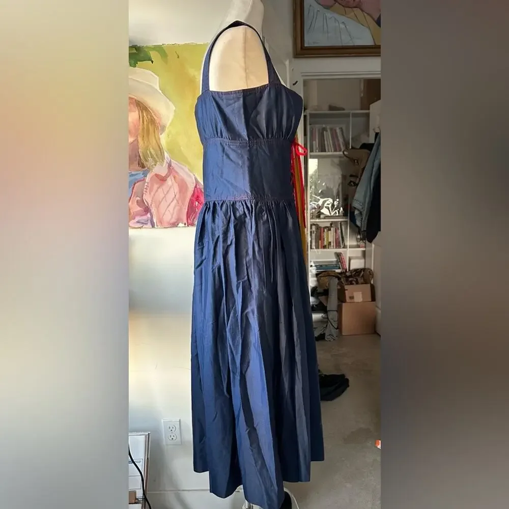 70s Givenchy Navy Dress with Red Lace-Up Corset Empire Bustier Accent - Picture 5 of 11